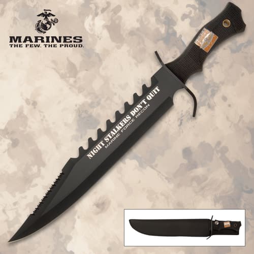 United Cutlery Marine Force Recon Night Stalker Bowie Knife is 16 3/4&rdquo; with a 12&rdquo; blade made of AUS-6 stainless steel blade.