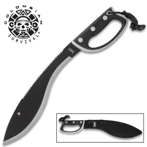 Black kukri machete with serrated back and sheath