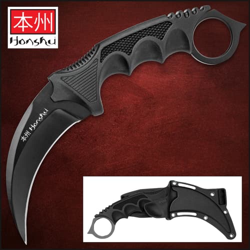 United Cutlery Black Honshu Karambit With Shoulder Harness Sheath - 7Cr13 Stainless Steel Blade, Over-Molded Handle - Length 8 3/4”