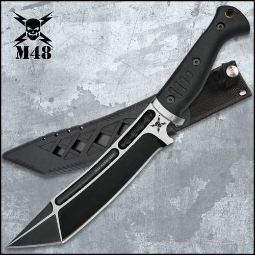 M48 Sabotage Tanto Fighter Knife has a 8” cast stainless steel blade with black oxide coating and injection molded TPR handle.