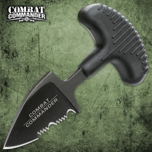 Combat Commander Mini Black Push Dagger - Sheath Has Keyring And Clip - Serrated Blade - 2 3/4” Length