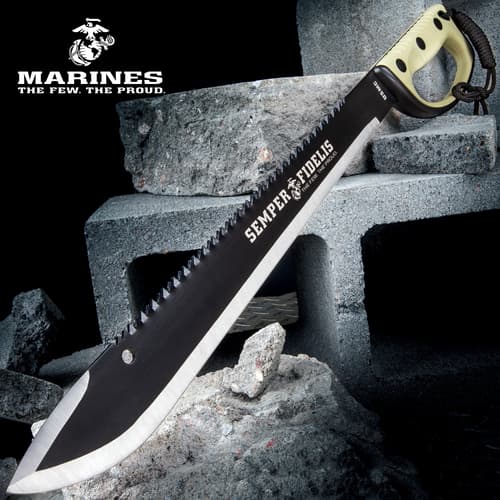 USMC Semper Fi Sawback Machete Knife With Sheath - Stainless Steel Blade, Rubberized Injection-Molded Handle - Length 24”