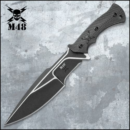 M48 Liberator Sabotage II Combat Knife With Sheath - Cast Stainless Steel, Black Oxide Coating, Layered G10 Handle - Length 13 1/2”