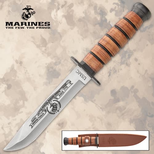 USMC knife with wooden handle and engraved blade