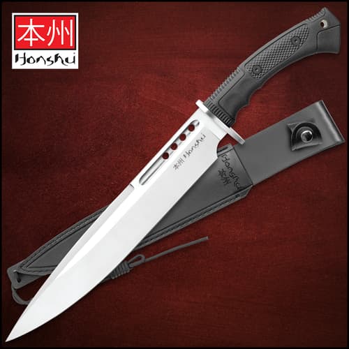 Honshu Boshin Toothpick Knife With Sheath - 7Cr13 Stainless Steel Blade, Contoured TPR Handle, Lanyard Hole - Length 18 3/4”