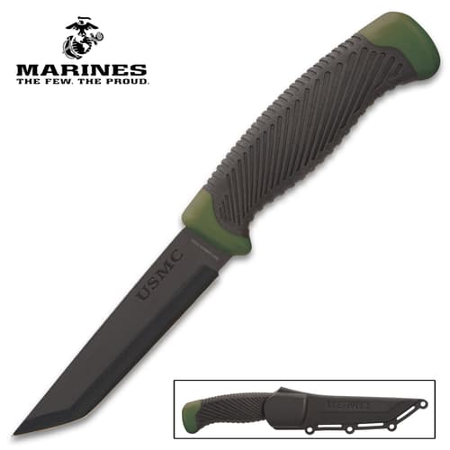 USMC Tactical Tanto Knife With Sheath - 1065 Carbon Steel Blade, Rubberized Handle, No-Slip Grip - Length 8 1/2”