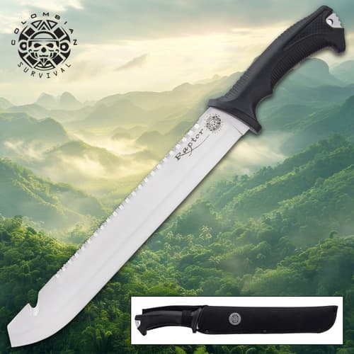 Machete with black handle over misty green mountains