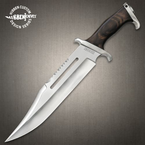 Hibben III Bowie Knife long polished clip-point blade, sleek, mirror-like finish. Handle dark wood with natural grain wide guard