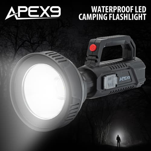 This image shows the Apex9 Waterproof LED Camping Flashlight on top of a photo of a man shining a light into a dark forest.