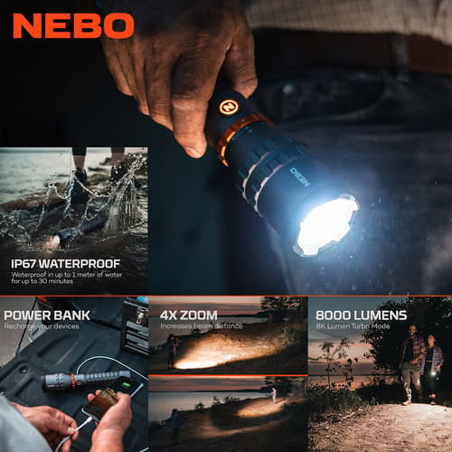 The NEBO Davinci 8000 Flashlight And Power Bank has an anodized, air-craft grade aluminum housing