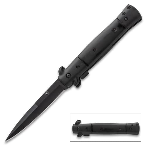 Black stiletto knife with a sleek design and sharp blade