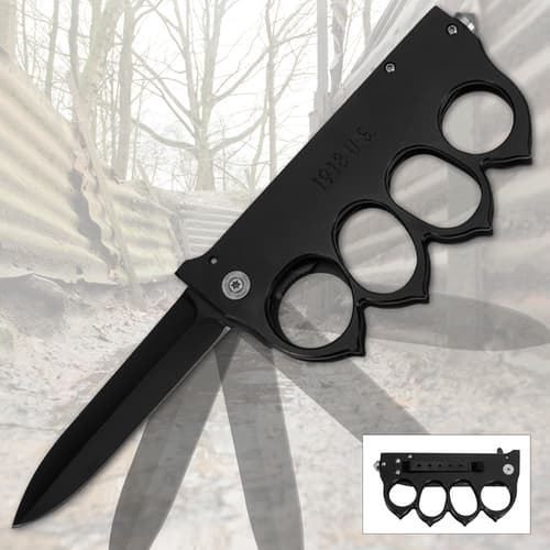 Black trench knife with knuckle guard and blade