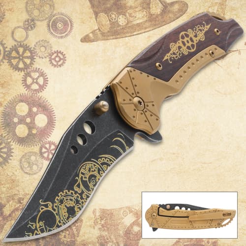 Steampunk knife with gears on vintage background