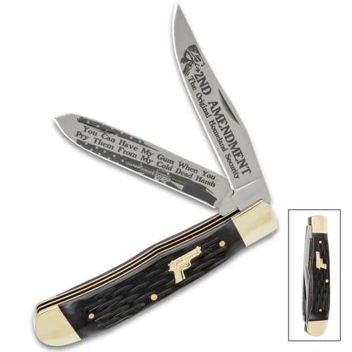 Second Ammendment Trapper Pocket Knife with both blades open