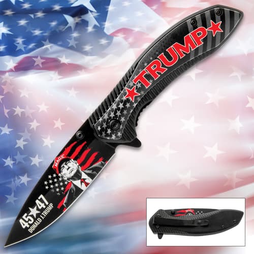Black pocket knife with Trump design on American flag background