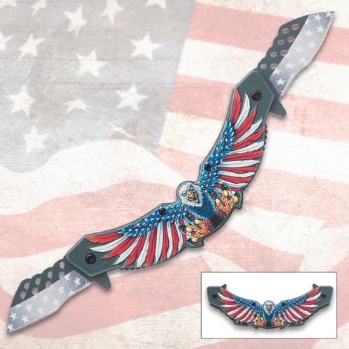 Eagle-themed knife with American flag design on a flag background