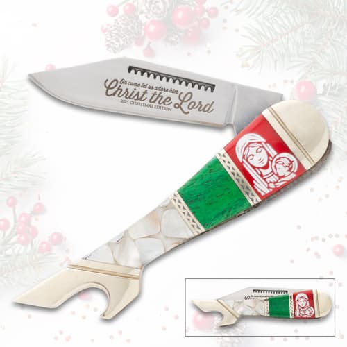 Decorative knife with Christmas theme and religious engraving