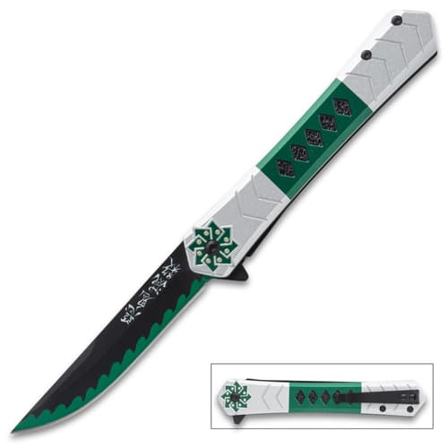 Folding knife with green and silver handle, black blade