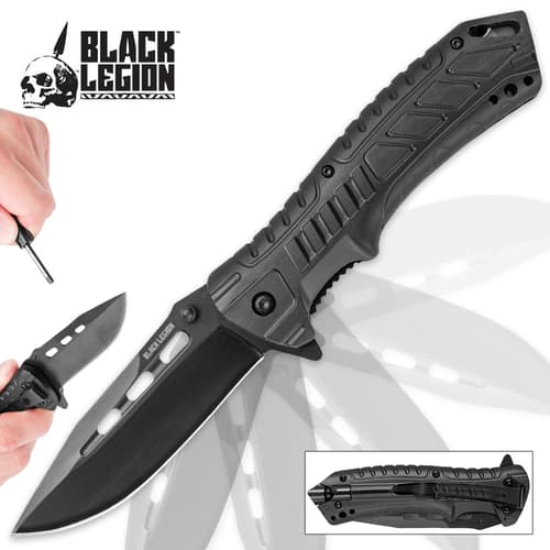 Black Legion Black Pocket Knife With Fire Starter