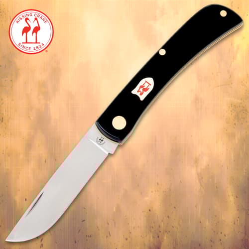 Kissing Crane Black Pocket Farmer Knife - Stainless Steel Blade, Synthetic Handle, Brass Liners