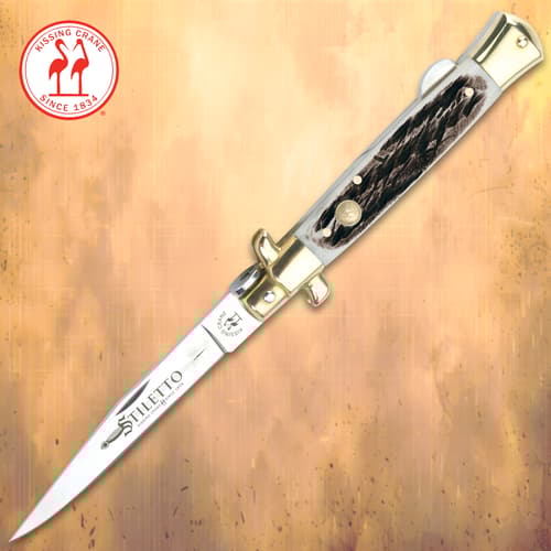 Kissing Crane Burnt Bone Composite Stiletto Pocket Knife