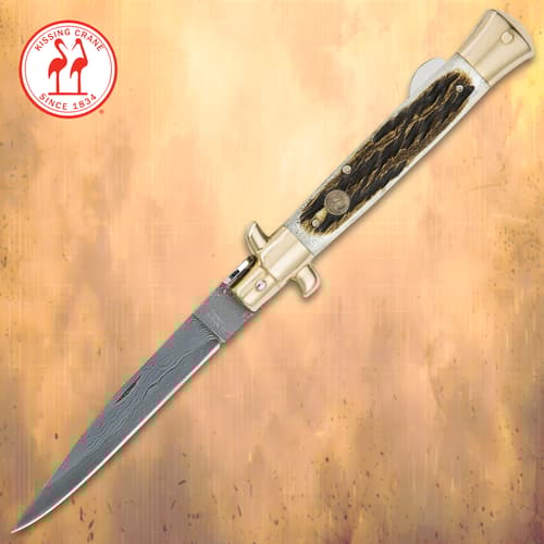 Kissing Crane Burnt Bone Stiletto Knife - Damascus Blade