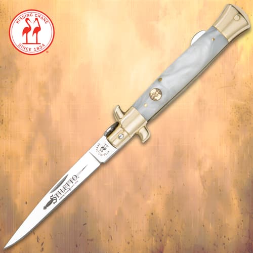 Kissing Crane Mother of Pearl Stiletto Pocket Knife has a mirror-polished stainless steel blade and mother of pearl handle.