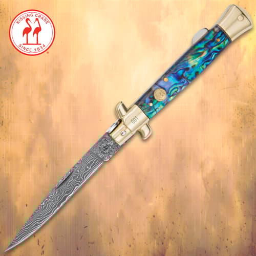 Kissing Crane Genuine Abalone Damascus Stiletto Knife
