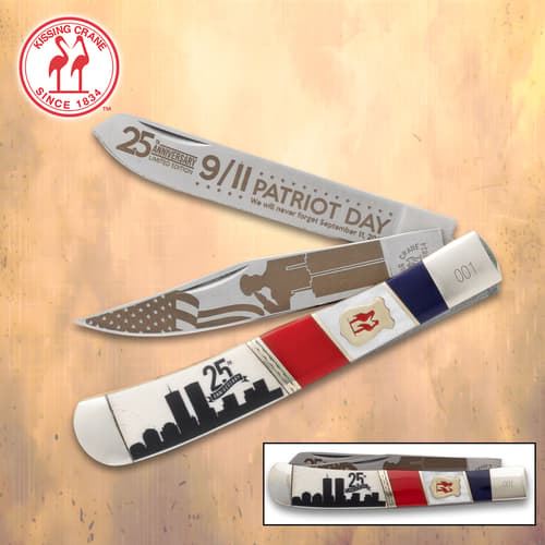 Commemorative knife with 9/11 Patriot Day design and skyline