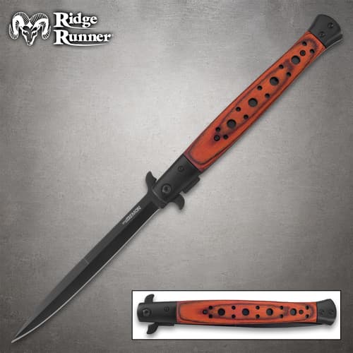 Full view of Ridge Runner Speed Demon brown stiletto knife with wooden handle and black steel blade