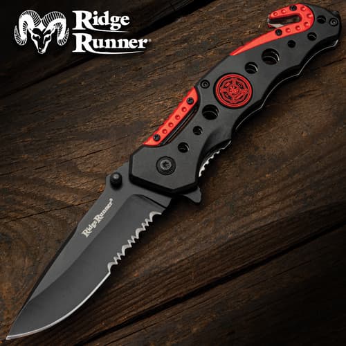Ridge Runner Assisted Black and Red Fireman Knife