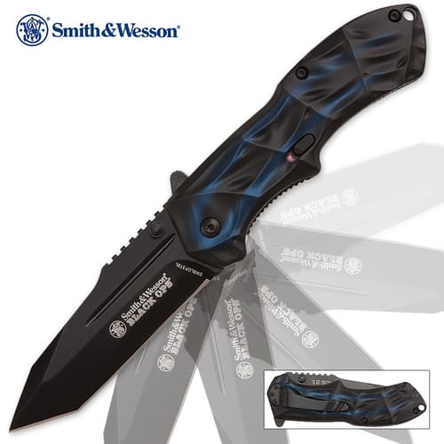 Smith & Wesson Black Ops Blue Tanto Assisted Opening Pocket Knife has a black and blue impact-resistant aluminum handle and 4034 stainless steel tanto blade.