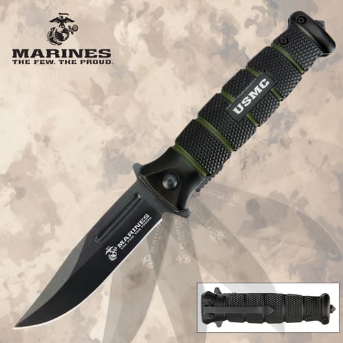 USMC knife with black blade and textured handle