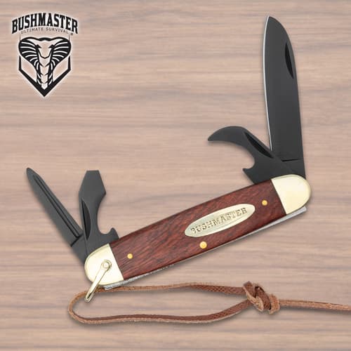 The Bushmaster Ranger Scout Knife with all of its tools displayed