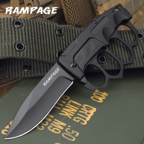 The Rampage Trench Folding Knuckle Knife shown on display in its deployed position