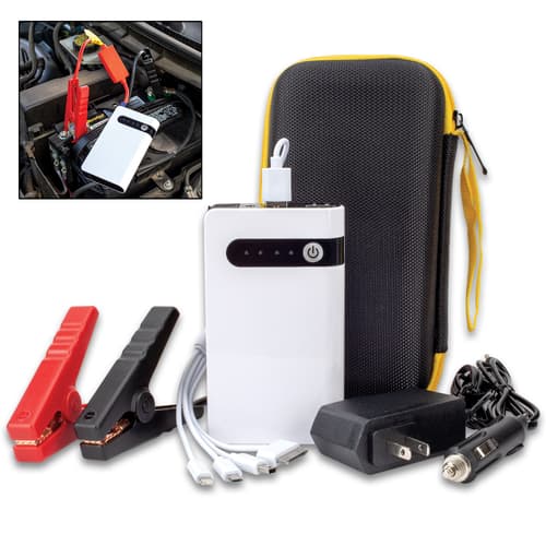 Portable Car Battery Jumper And Power Bank With Case - 8,000 MAH, Battery Clamps, Home And Car Adaptor, USB Multi-Head Cable