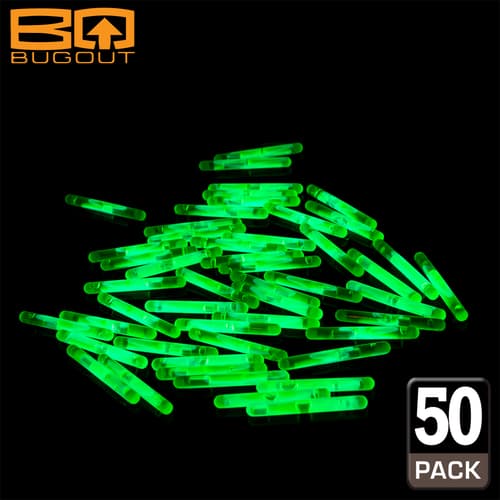 Pile of green glow sticks with Bugout logo and '50 Pack' label