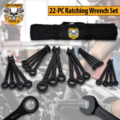 Disturbed Tools Ratcheting Wrench Set shown with its different sizes of wrenches displayed