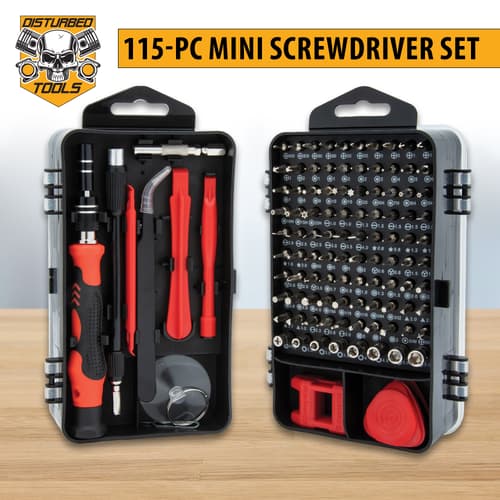 The contents of the Disturbed Tools 115-Piece Mini Screwdriver Set in its case