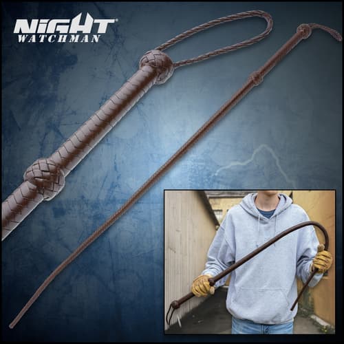 Different views of the Night Watchman Leather Sjambok shown