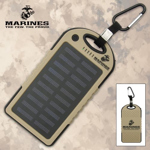 Solar power bank with Marines logo and carabiner