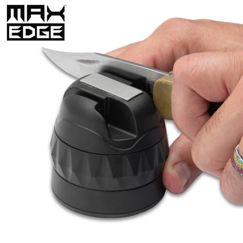 The Max Edge Three-Stage Knife Sharpener in use