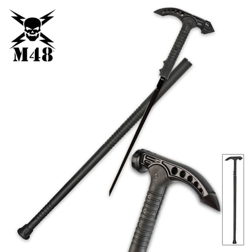 M48 Tactical Sword Cane shown with blade out of the cane shaft and with zoomed view of the tactical handle.