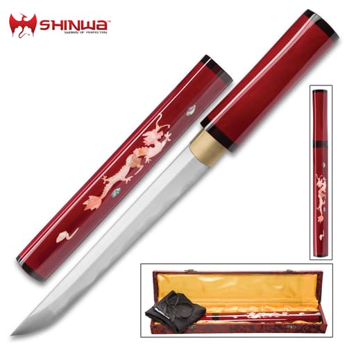 Shinwa Scarlet Komodo Handmade Tanto / Samurai Short Sword - Hand Forged 1045 Carbon Steel - Mother of Pearl Dragon Inlay; Red Hand Lacquered Hardwood; Shirasaya Mounting - Ninja Stealth - Full Tang