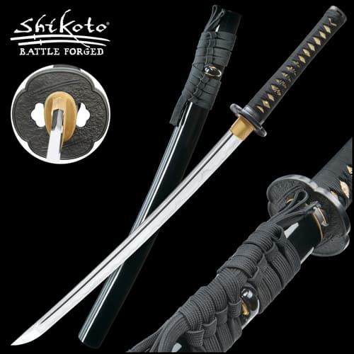 Shikoto Touchstone Handmade Wakizashi / Samurai Sword - Hand Forged Clay Tempered T10 High Carbon Steel - Ray Skin; Iron Tsuba; Certificate of Authenticity - Functional, Full Tang, Battle Ready