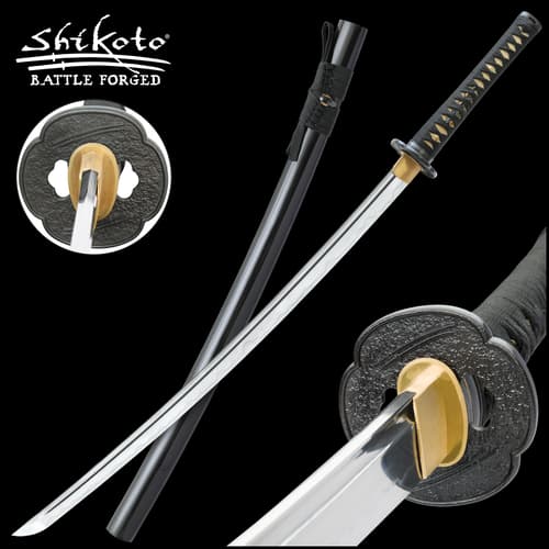 The Shikoto Touchstone Handmade Katana displayed on its stand