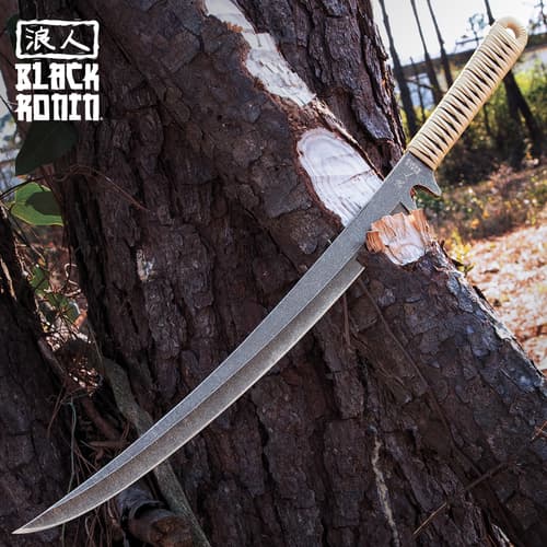 Black Ronin Tan Combat Wakizashi Sword With Injection Molded Sheath - Stonewashed Stainless Steel Blade, Cord-Wrapped Handle