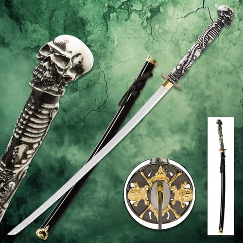 Katana with skull-themed handle and ornate guard on green background