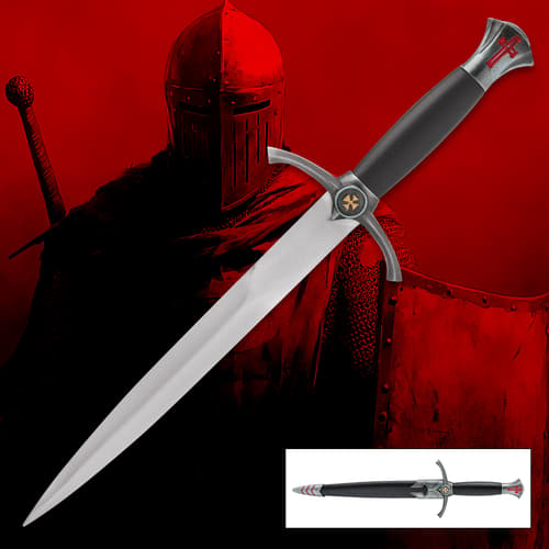 Silver dagger with black handle on red knight background