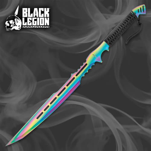 Black Legion Atlantis Fantasy Sword With Sheath - One-Piece Stainless Steel Construction, Rainbow Titanium Coating, Black Cord-Wrap - Length 28”